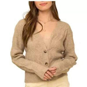 GILLI Cable Knit Button Down Cardigan Sweater Tan Size Medium